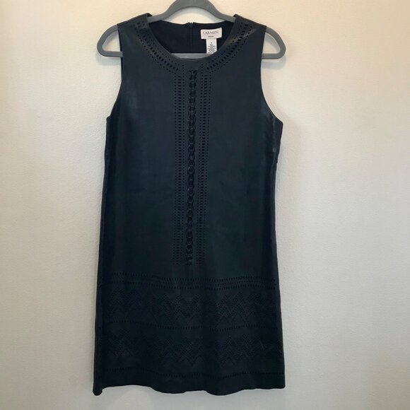 Carmen Marc Valvo Women's Faux Leather Black Cutout Shift Dress Size 6 Gothic - Picture 4 of 15